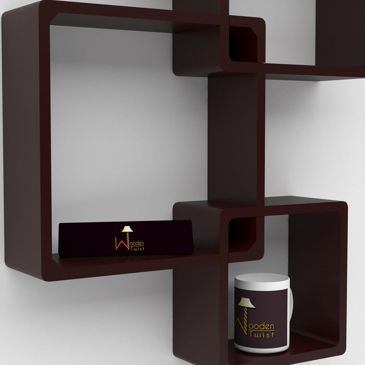 Rafuf Intersecting Floating Wall Shelves in Brown, front view