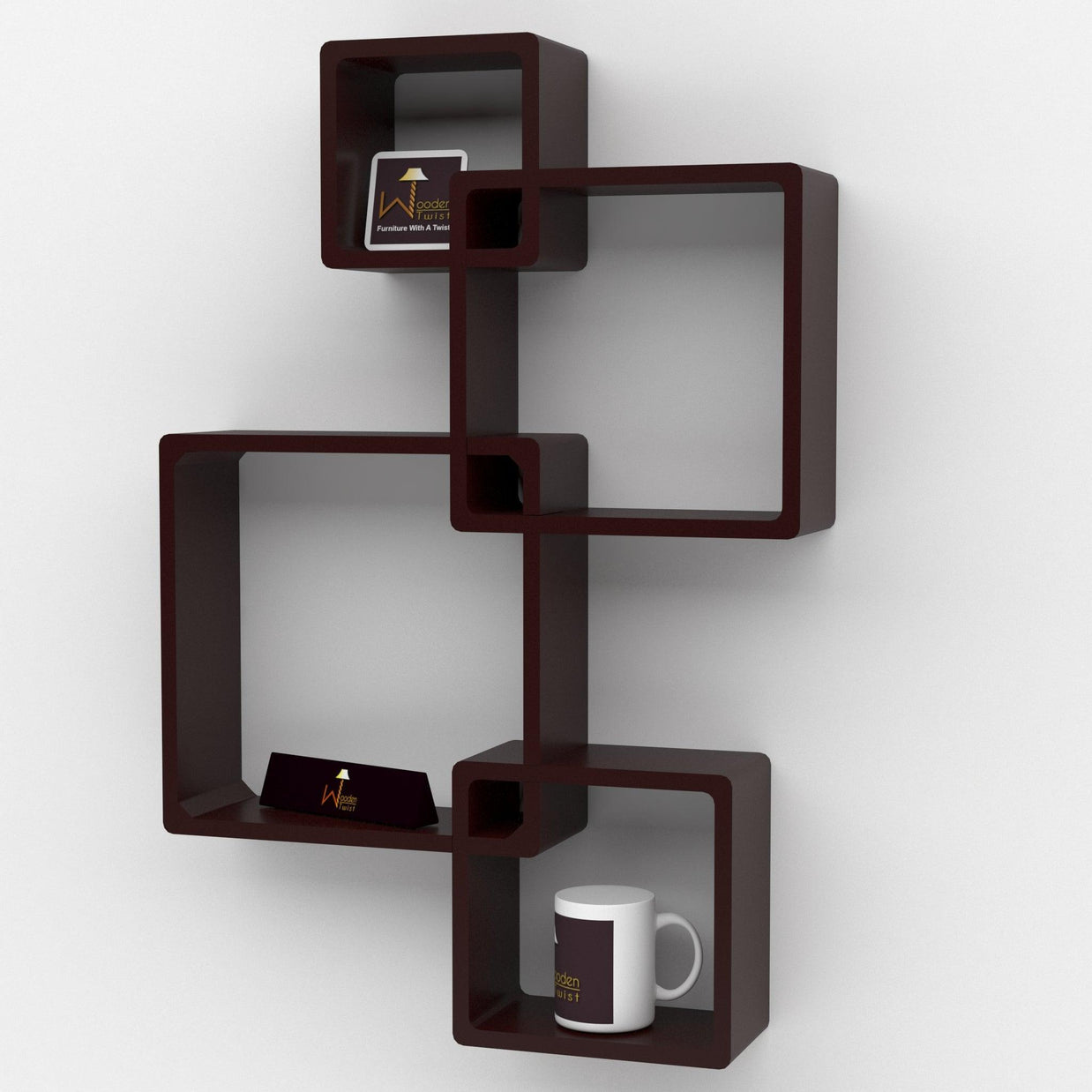 Rafuf Intersecting Floating Wall Shelves in Brown holding decor