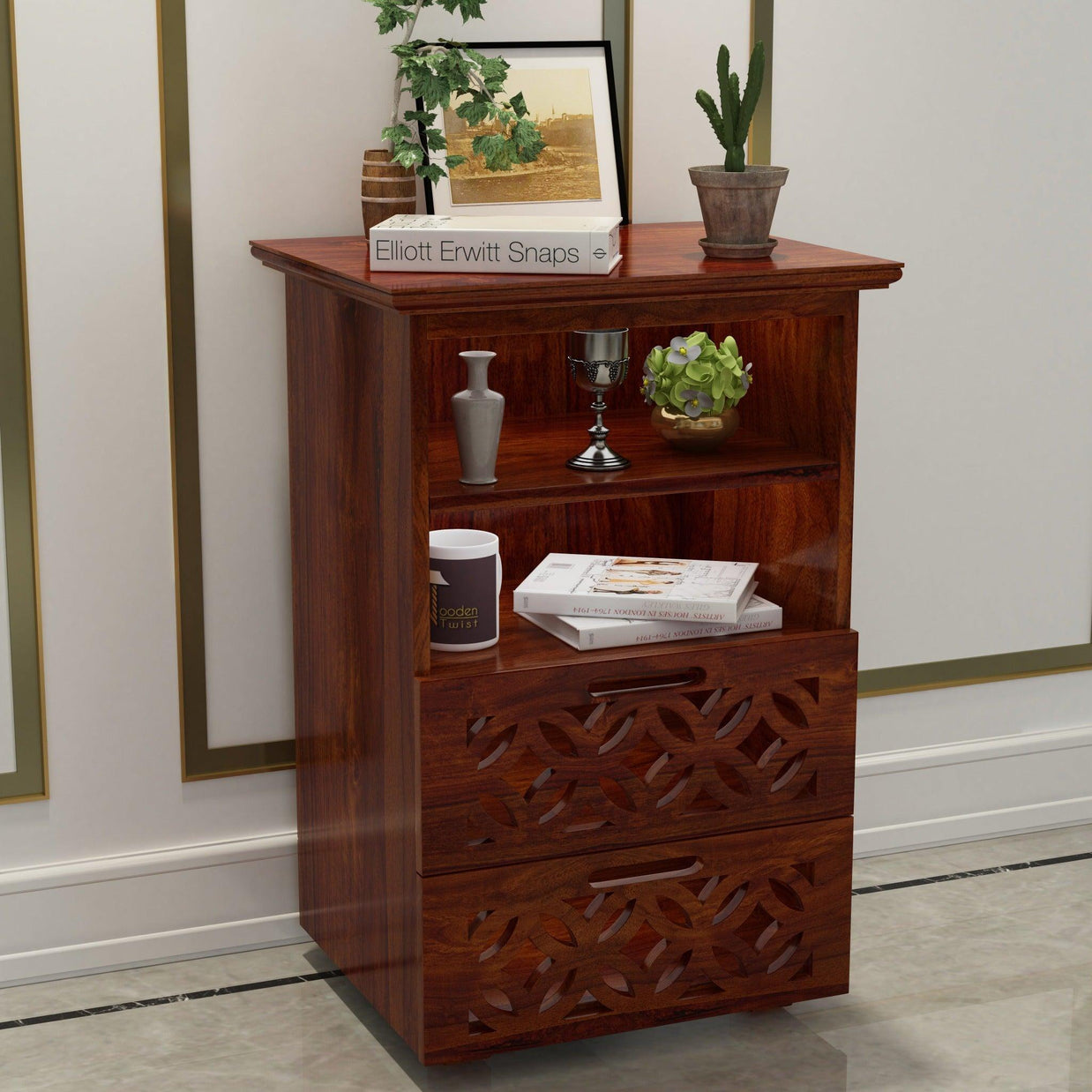 Mango Wood Bed Side Table Cabinet with 2 Drawer for Bed Room - WoodenTwist