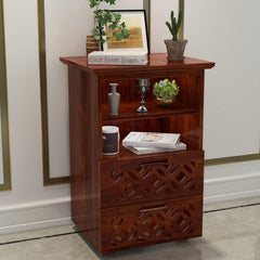 Teak Wood Bed Side Table Cabinet with 2 Drawer for Bed Room - WoodenTwist