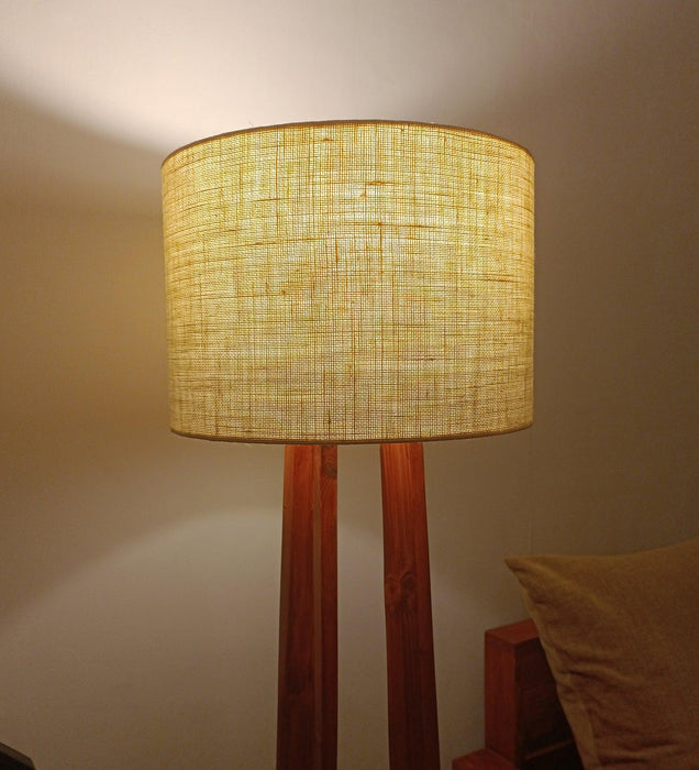 Camille Wooden Floor Lamp with Brown Base and Jute Fabric Lampshade - WoodenTwist
