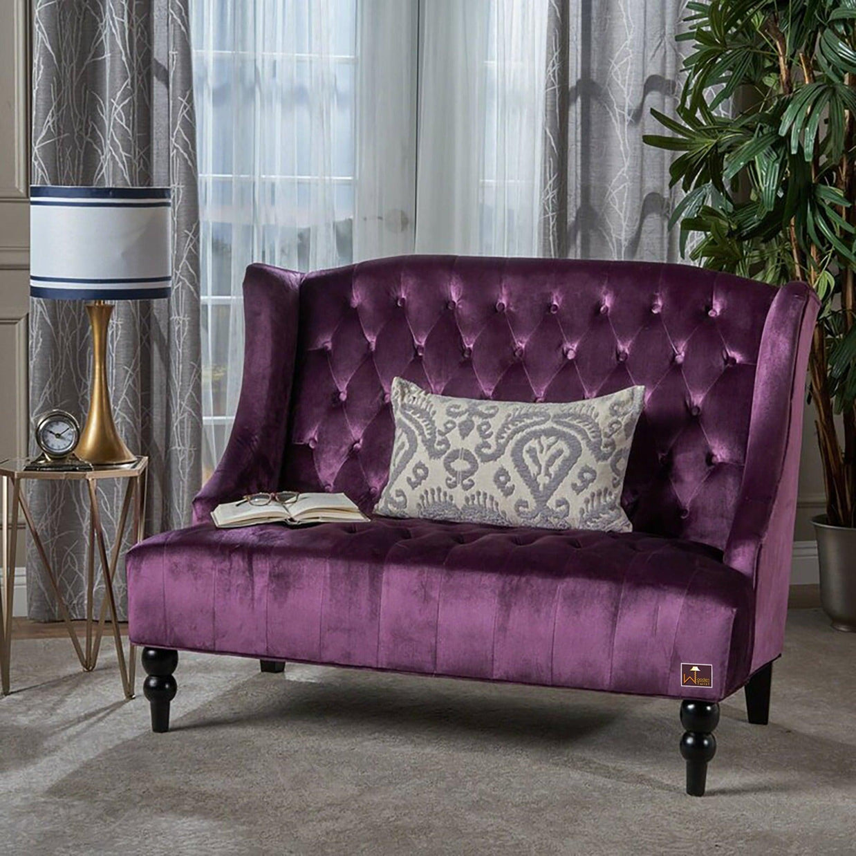 Wooden Recessed Arm Loveseat Bench (2 Seater, Purple) - WoodenTwist