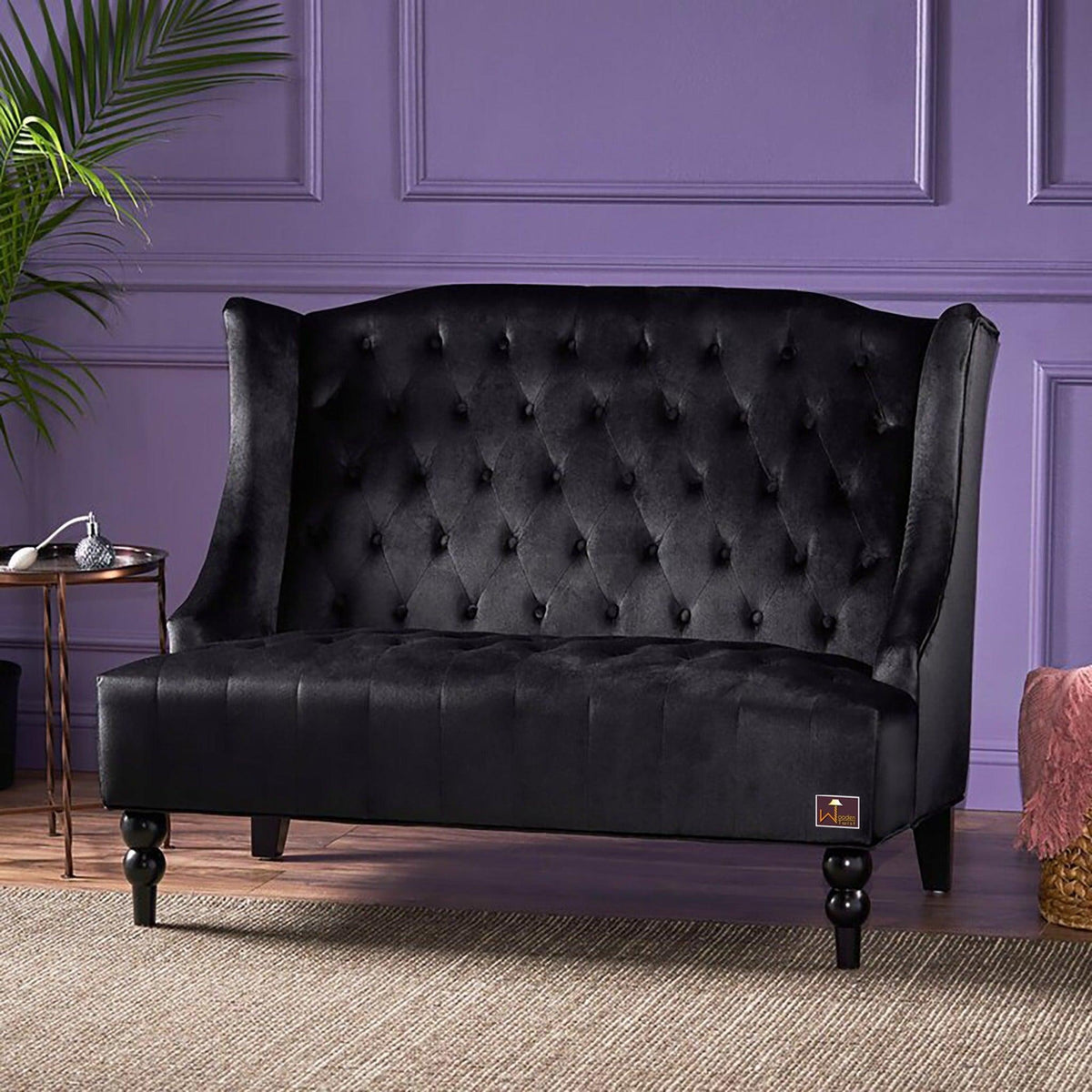 Wooden Recessed Arm Loveseat Bench (2 Seater, Black) - WoodenTwist