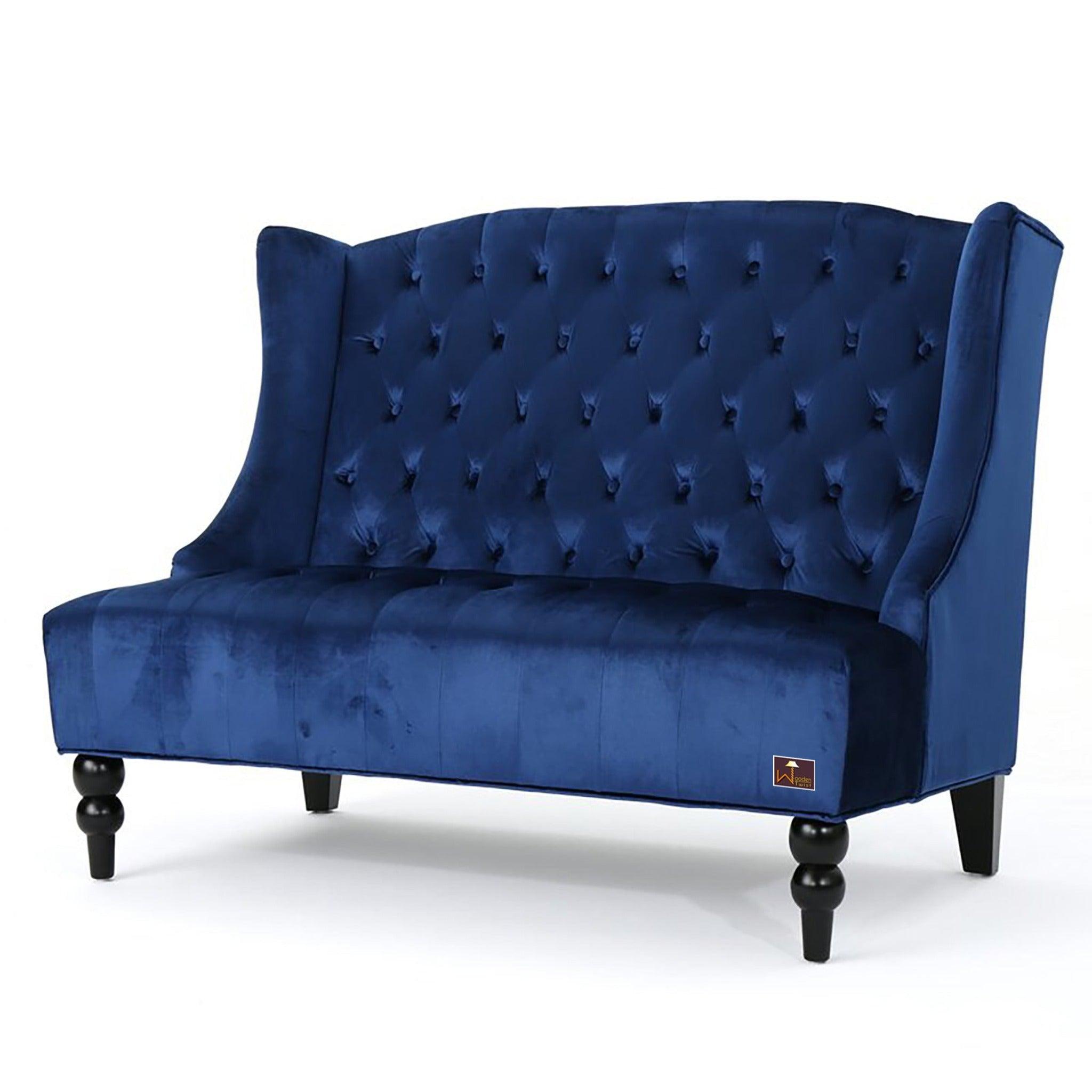 Wooden Recessed Arm Loveseat Bench (2 Seater, Navy Blue) - WoodenTwist