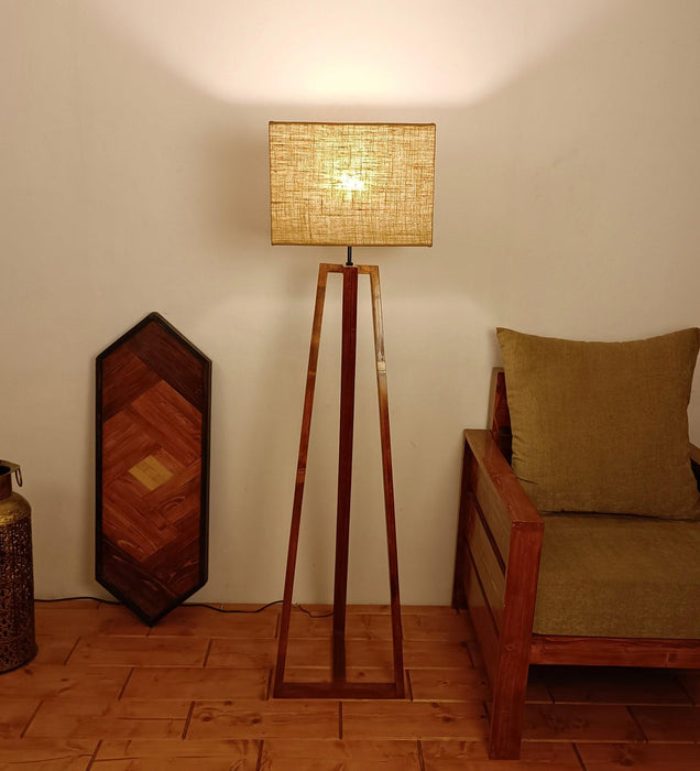 Catapult Wooden Floor Lamp with with Brown Base Premium Beige Fabric Lampshade - WoodenTwist