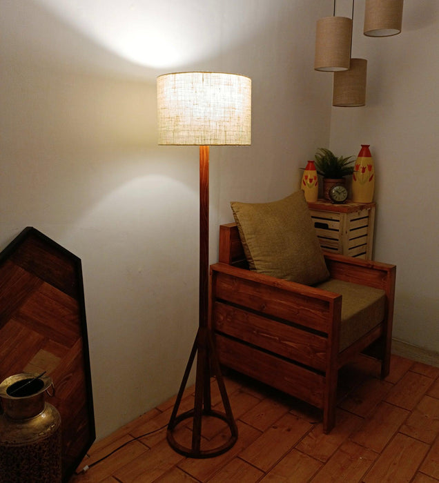 Celine Wooden Floor Lamp with Brown Base and Premium Beige Fabric Lampshade - WoodenTwist