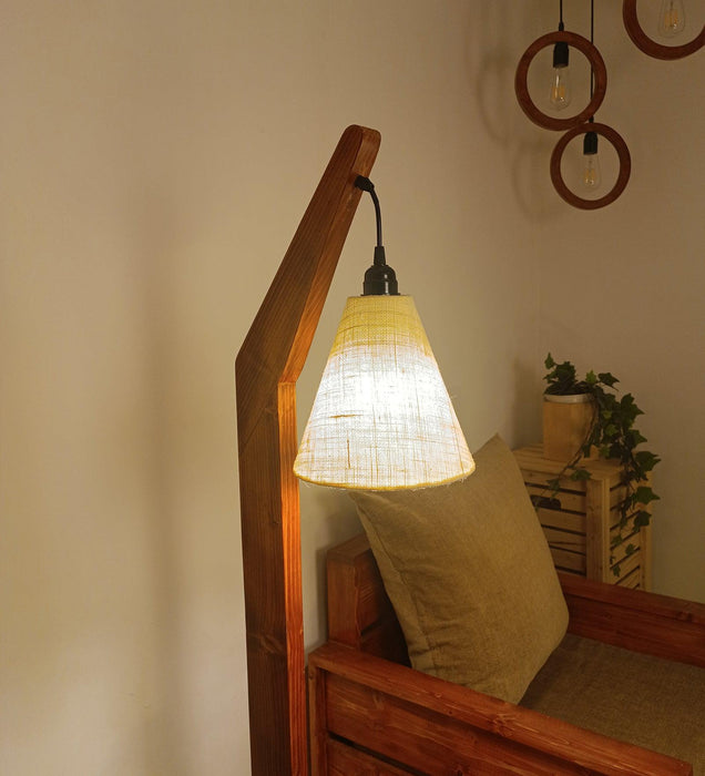 Charles Wooden Floor Lamp with Brown Base and Jute Fabric Lampshade - WoodenTwist
