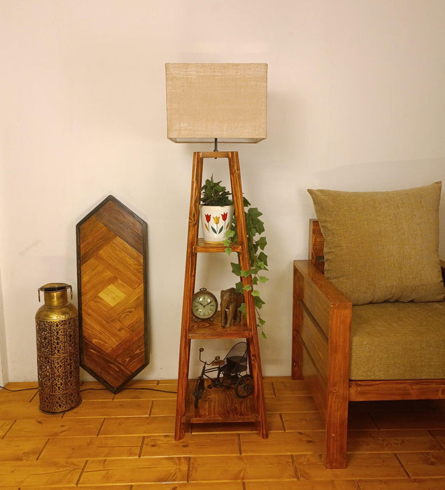 Charlotte Wooden Floor Lamp with Brown Base and Jute Fabric Lampshade - WoodenTwist