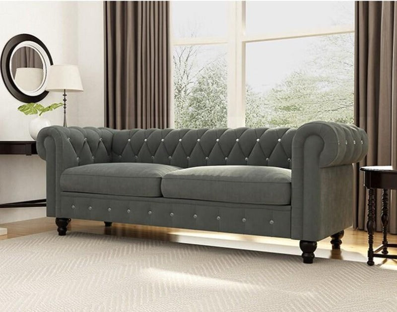 Graceful 3 Seater Velvet Rolled Arm Chesterfield Sofa - WoodenTwist