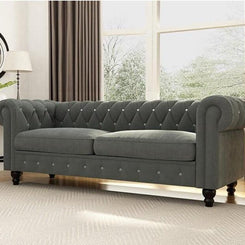 Graceful 3 Seater Velvet Rolled Arm Chesterfield Sofa - WoodenTwist