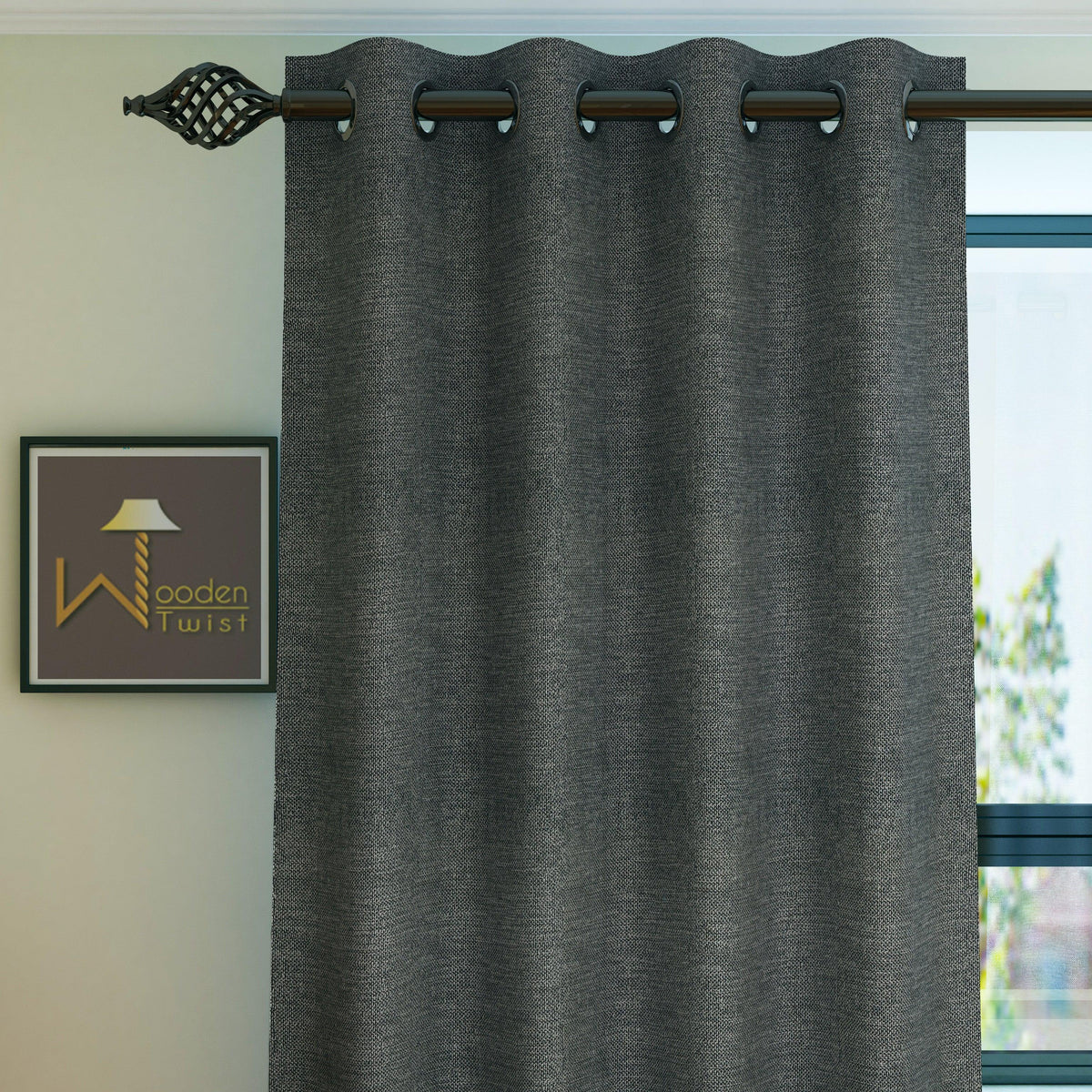 Fabrahome Light Filtering 7 Ft Rectangular Jute Fabric Curtain ( Dark Grey ) - WoodenTwist