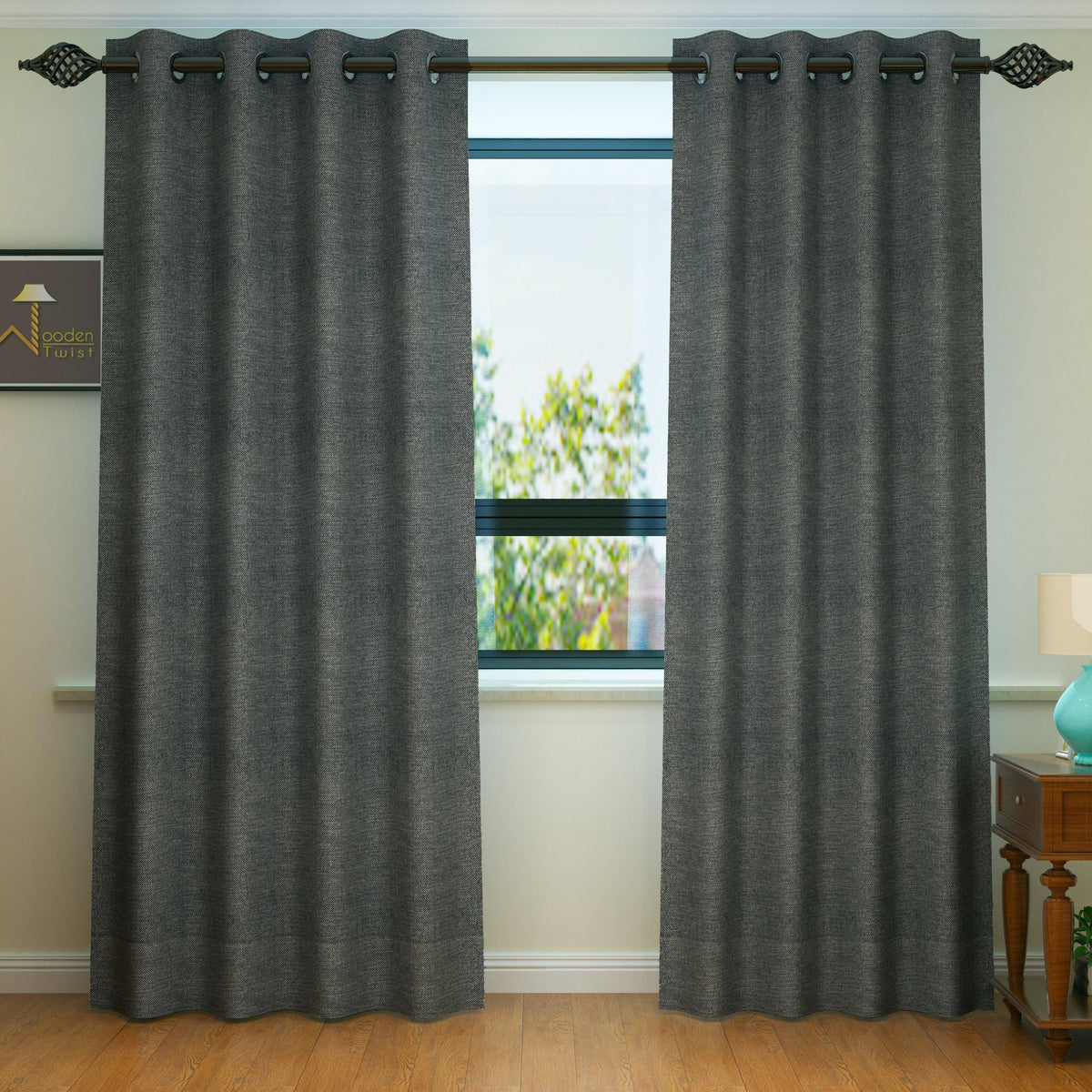 Fabrahome Light Filtering 7 Ft Rectangular Jute Fabric Curtain ( Dark Grey ) - WoodenTwist