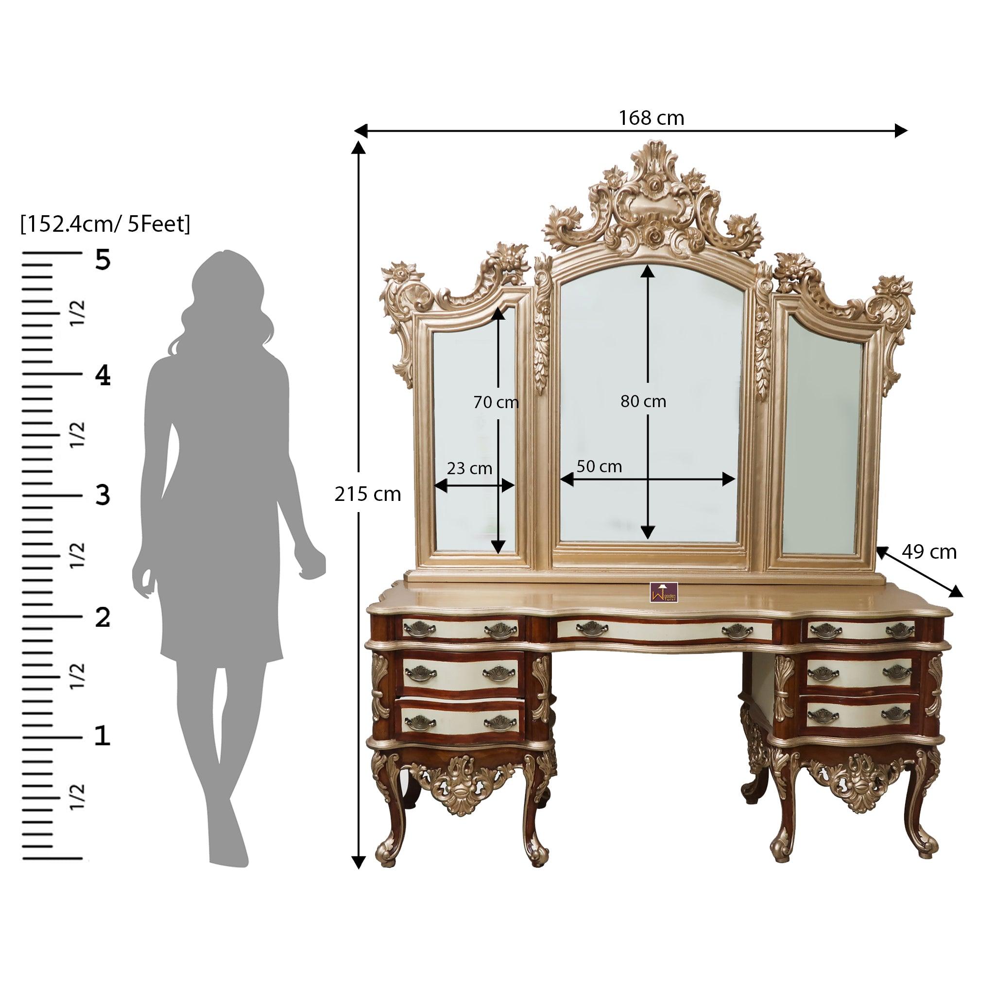 Royal Gold Luxury Hand Carved Wooden Teak Wood Dressing Table with Mirror - WoodenTwist