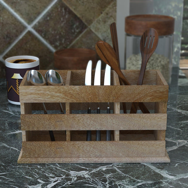 Wooden Twist Besteck 3 Compartment Cutlery Holder - with utensils