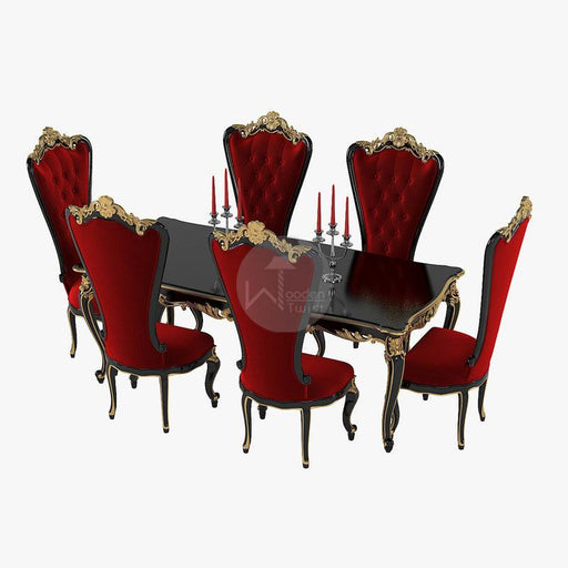 Royal Teak Wood Look Fabulous & Baroque Absolom Roche 6 Seater Dining Table Set - WoodenTwist