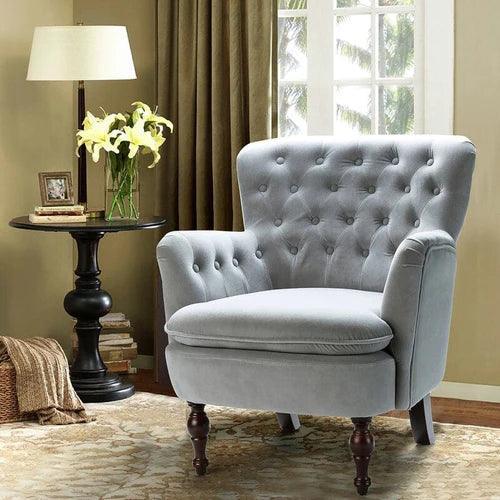 Wide Tufted Velvet Lounge Armchair (Walnut Legs) - WoodenTwist