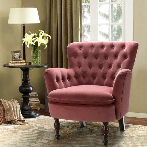 Wide Tufted Velvet Lounge Armchair (Walnut Legs) - WoodenTwist