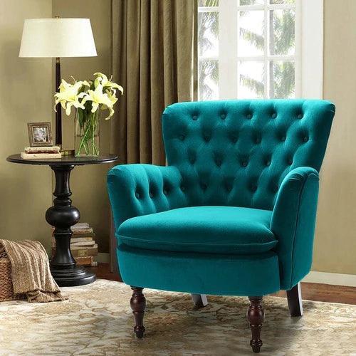 Wide Tufted Velvet Lounge Armchair (Walnut Legs) - WoodenTwist