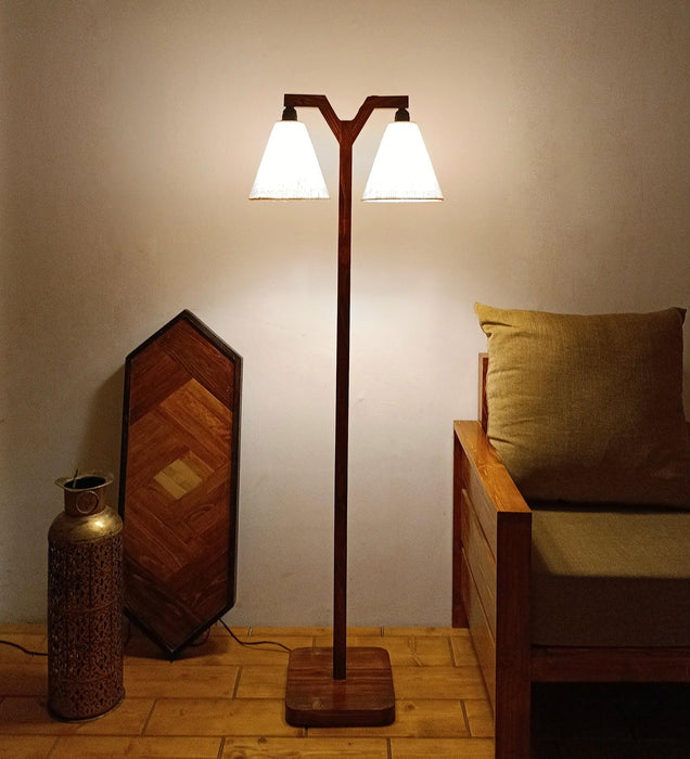Elania Wooden Floor Lamp with Brown Base and Beige Fabric Lampshade - WoodenTwist