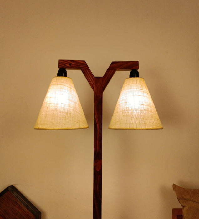 Elania Wooden Floor Lamp with Brown Base and Beige Fabric Lampshade - WoodenTwist