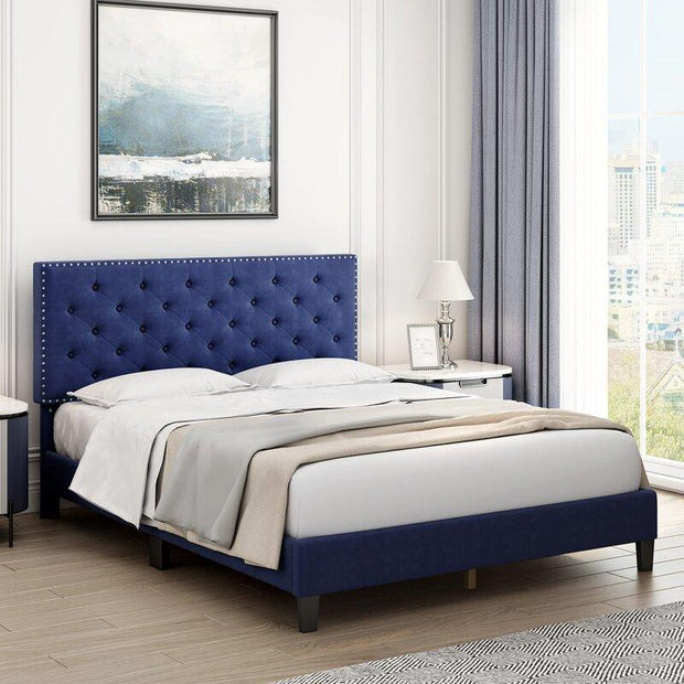 Modern Upholstered Platform Queen Size Bed (Teak Wood, Blue) - WoodenTwist