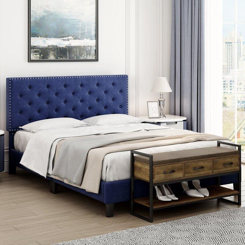 Modern Upholstered Platform Queen Size Bed (Teak Wood, Blue) - WoodenTwist
