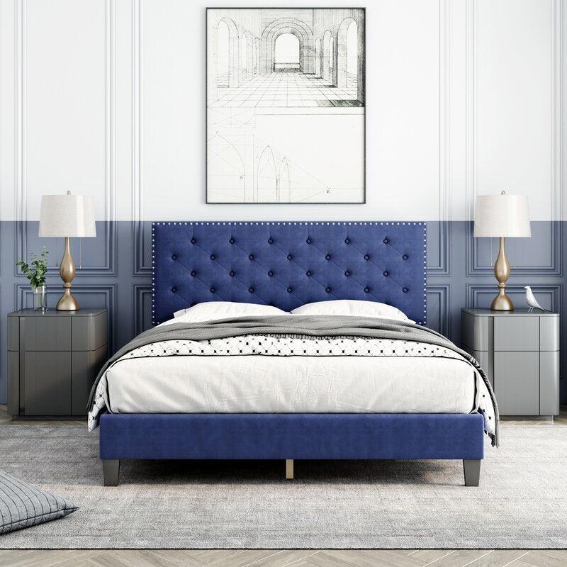 Modern Upholstered Platform Queen Size Bed (Teak Wood, Blue) - WoodenTwist