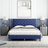 Modern Upholstered Platform Queen Size Bed (Teak Wood, Blue) - WoodenTwist