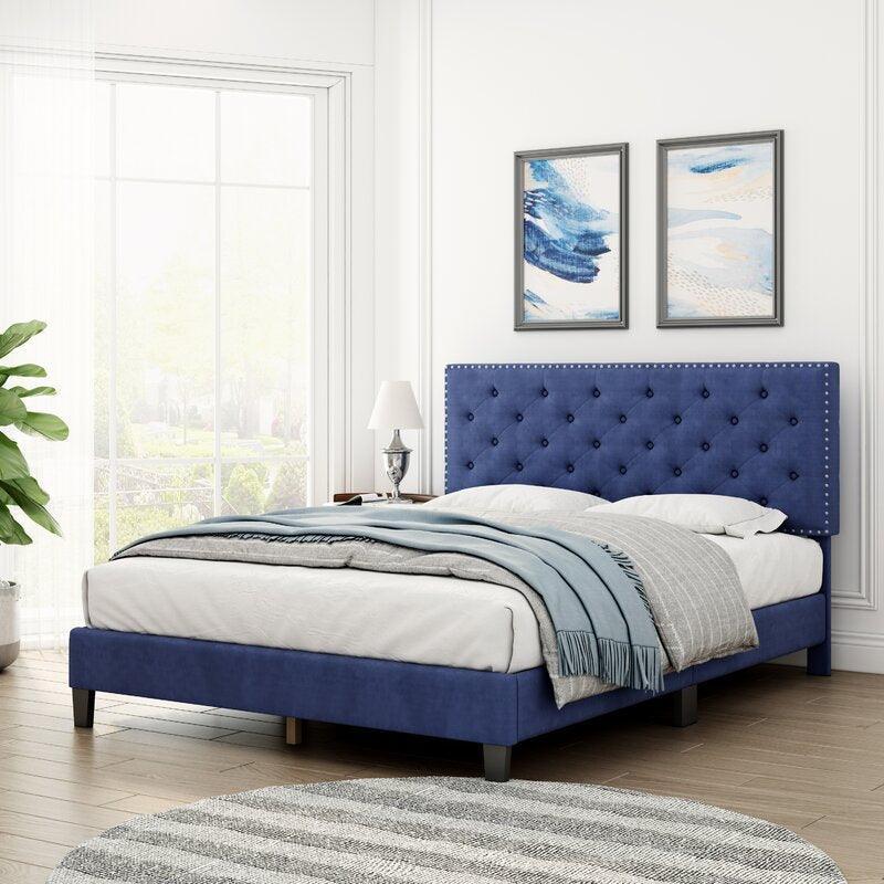 Modern Upholstered Platform Queen Size Bed (Teak Wood, Blue) - WoodenTwist