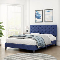 Modern Upholstered Platform Queen Size Bed (Teak Wood, Blue) - WoodenTwist