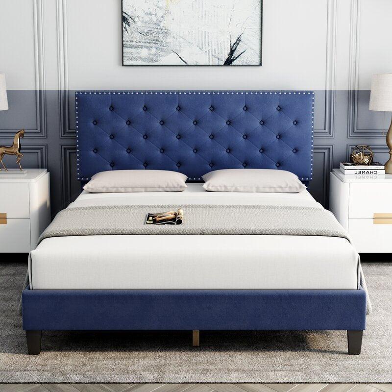 Modern Upholstered Platform Queen Size Bed (Teak Wood, Blue) - WoodenTwist