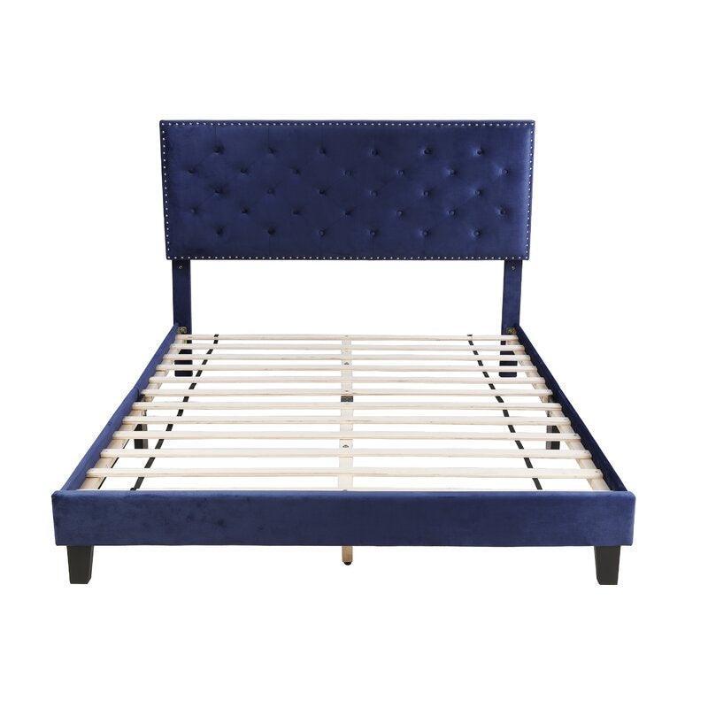 Modern Upholstered Platform Queen Size Bed (Teak Wood, Blue) - WoodenTwist