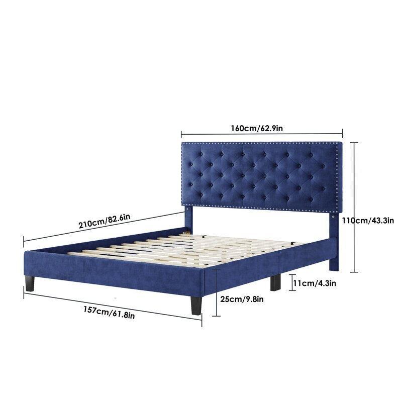 Modern Upholstered Platform Queen Size Bed (Teak Wood, Blue) - WoodenTwist