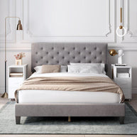 Modern Upholstered Platform Queen Size Bed (Teak Wood, Grey) - WoodenTwist