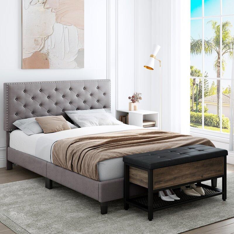 Modern Upholstered Platform Queen Size Bed (Teak Wood, Grey) - WoodenTwist