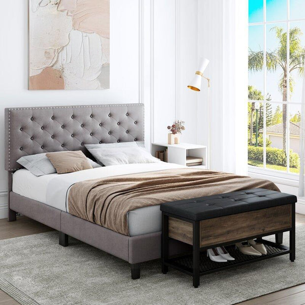 Modern Upholstered Platform Queen Size Bed (Teak Wood, Grey) - WoodenTwist