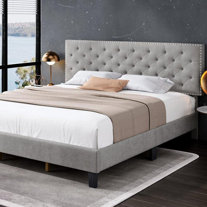 Modern Upholstered Platform Queen Size Bed (Teak Wood, Grey) - WoodenTwist