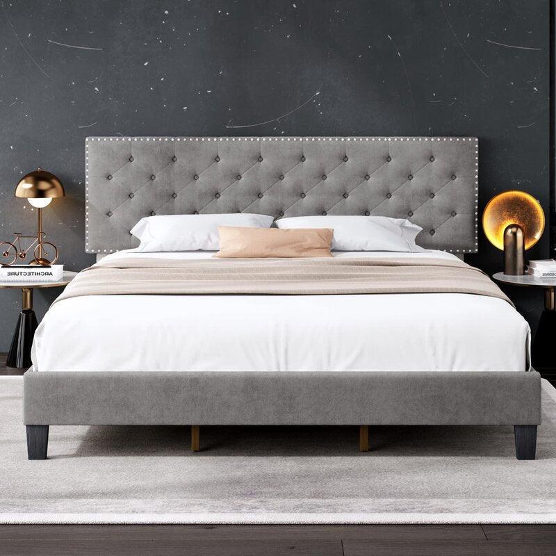 Modern Upholstered Platform Queen Size Bed (Teak Wood, Grey) - WoodenTwist