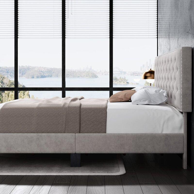 Modern Upholstered Platform Queen Size Bed (Teak Wood, Grey) - WoodenTwist