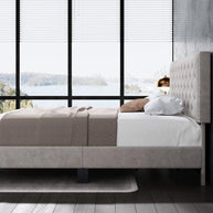 Modern Upholstered Platform Queen Size Bed (Teak Wood, Grey) - WoodenTwist