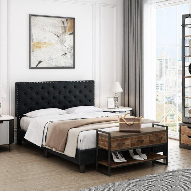 Modern Upholstered Platform Queen Size Bed (Teak Wood) - WoodenTwist
