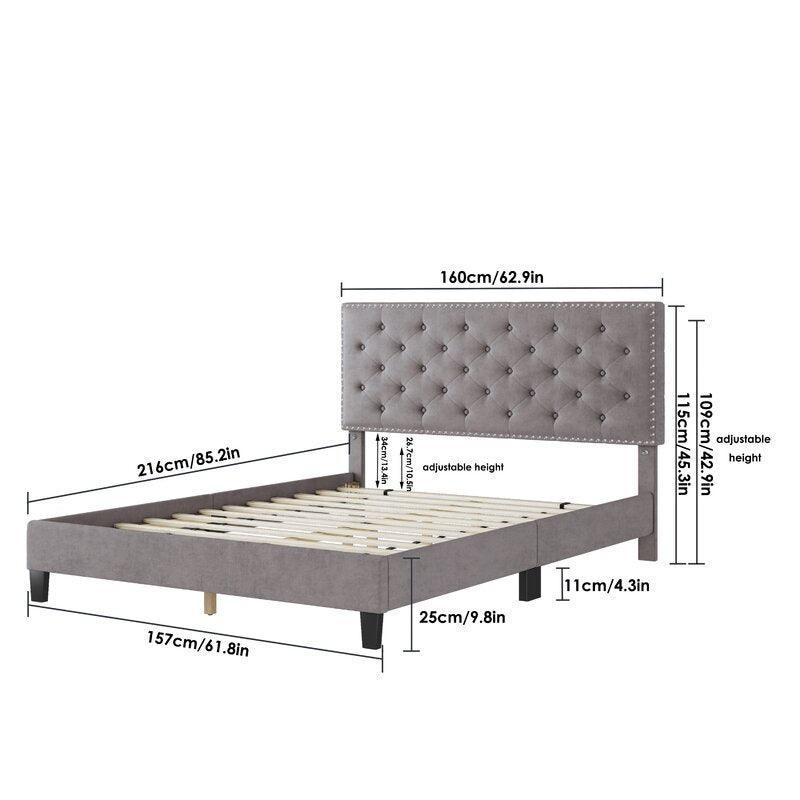 Modern Upholstered Platform Queen Size Bed (Teak Wood, Grey) - WoodenTwist
