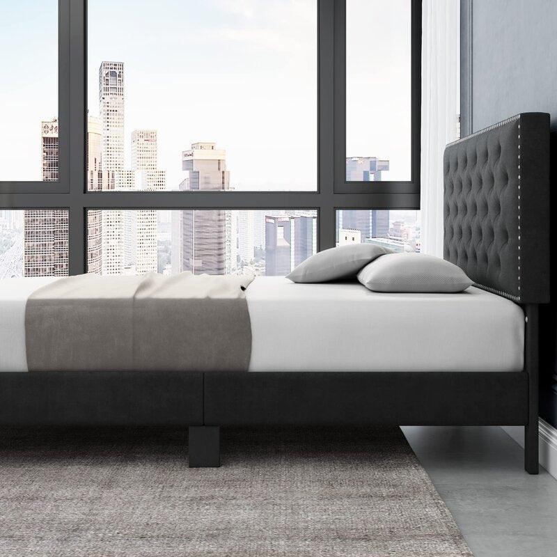 Modern Upholstered Platform Queen Size Bed (Teak Wood) - WoodenTwist