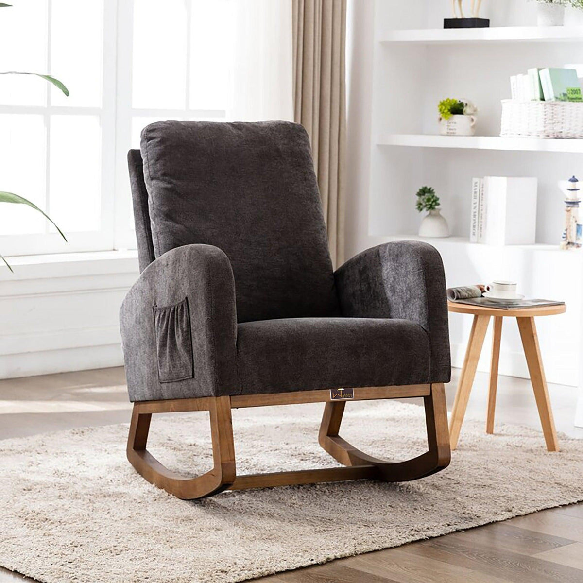Modern Recliner Rocking Chair in Grey Velvet