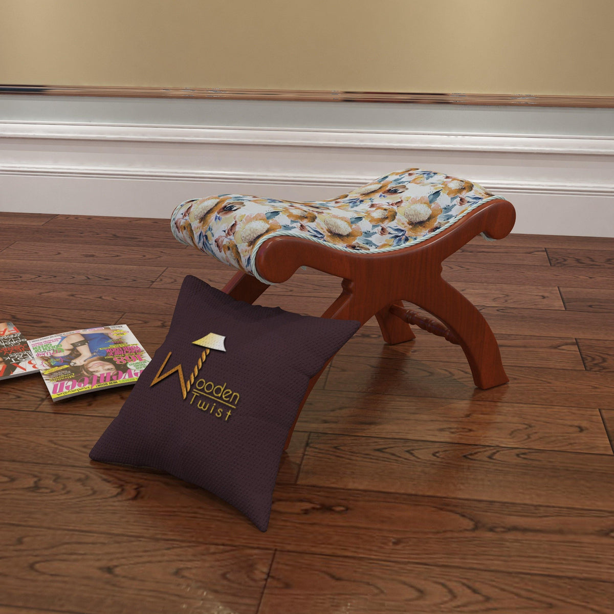 Sheesham Wood Stool/Foot Rest in Fabric - WoodenTwist