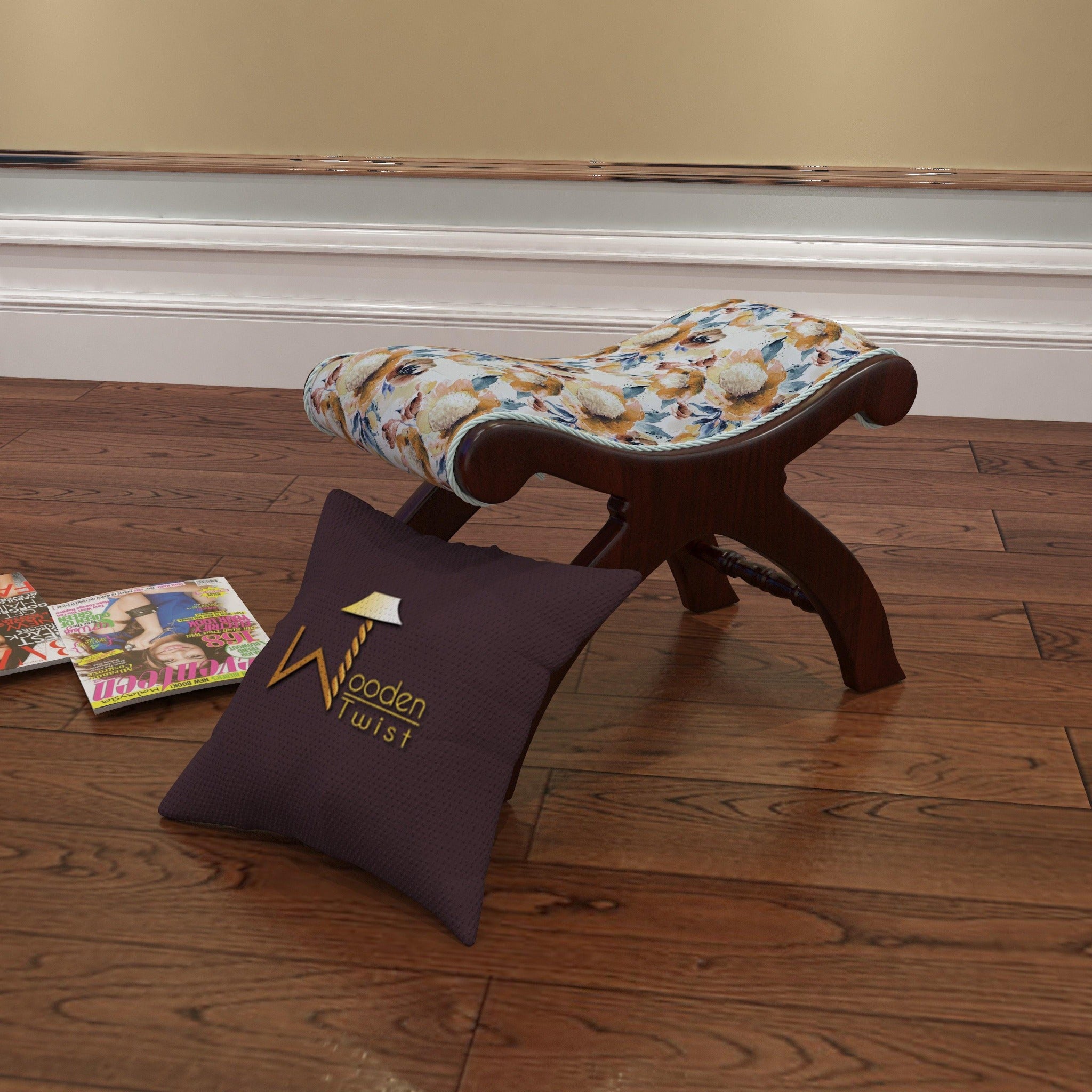 Sheesham Wood Stool/Foot Rest in Fabric - WoodenTwist