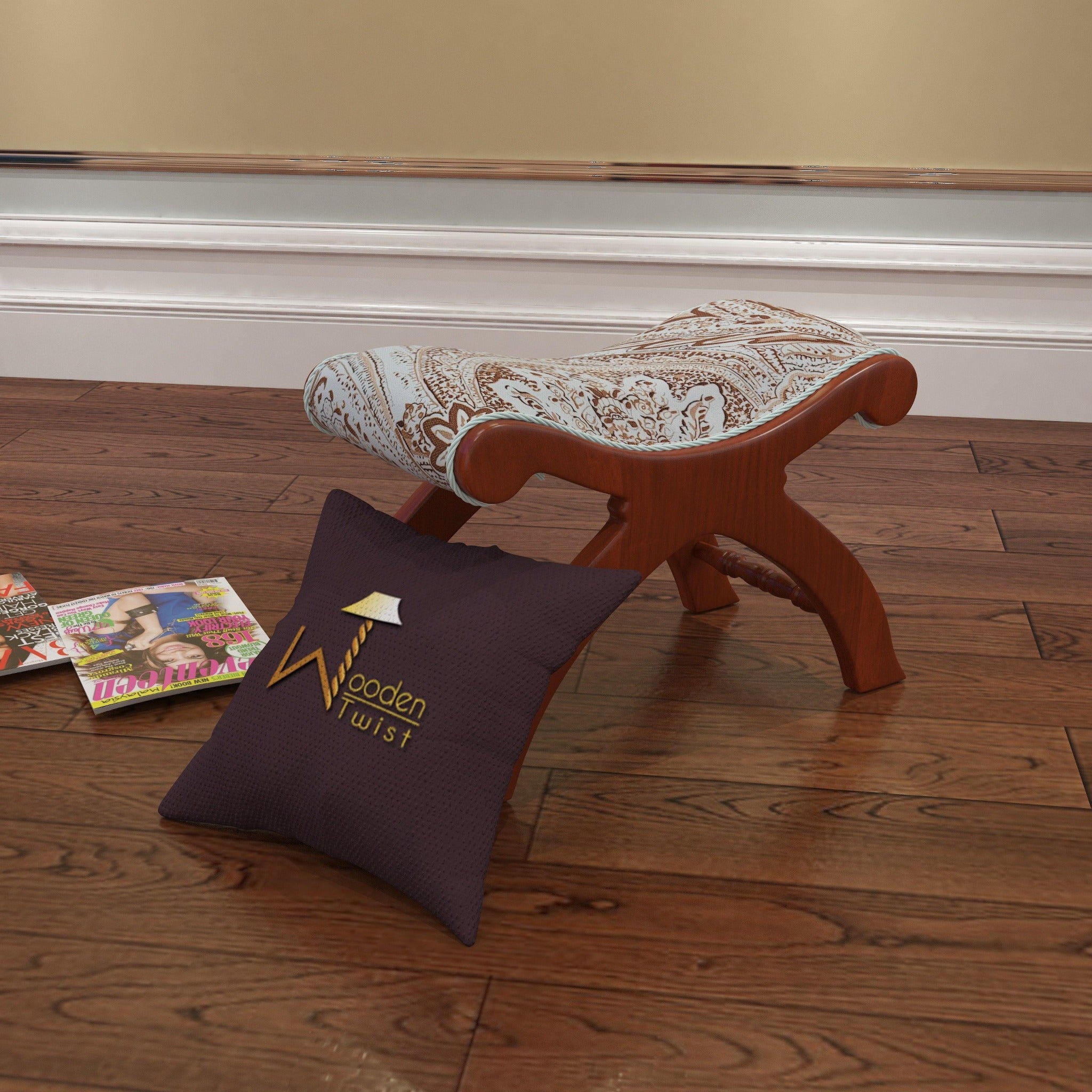 Premium Sheesham Wood Stool/Foot Rest in Fabric - WoodenTwist