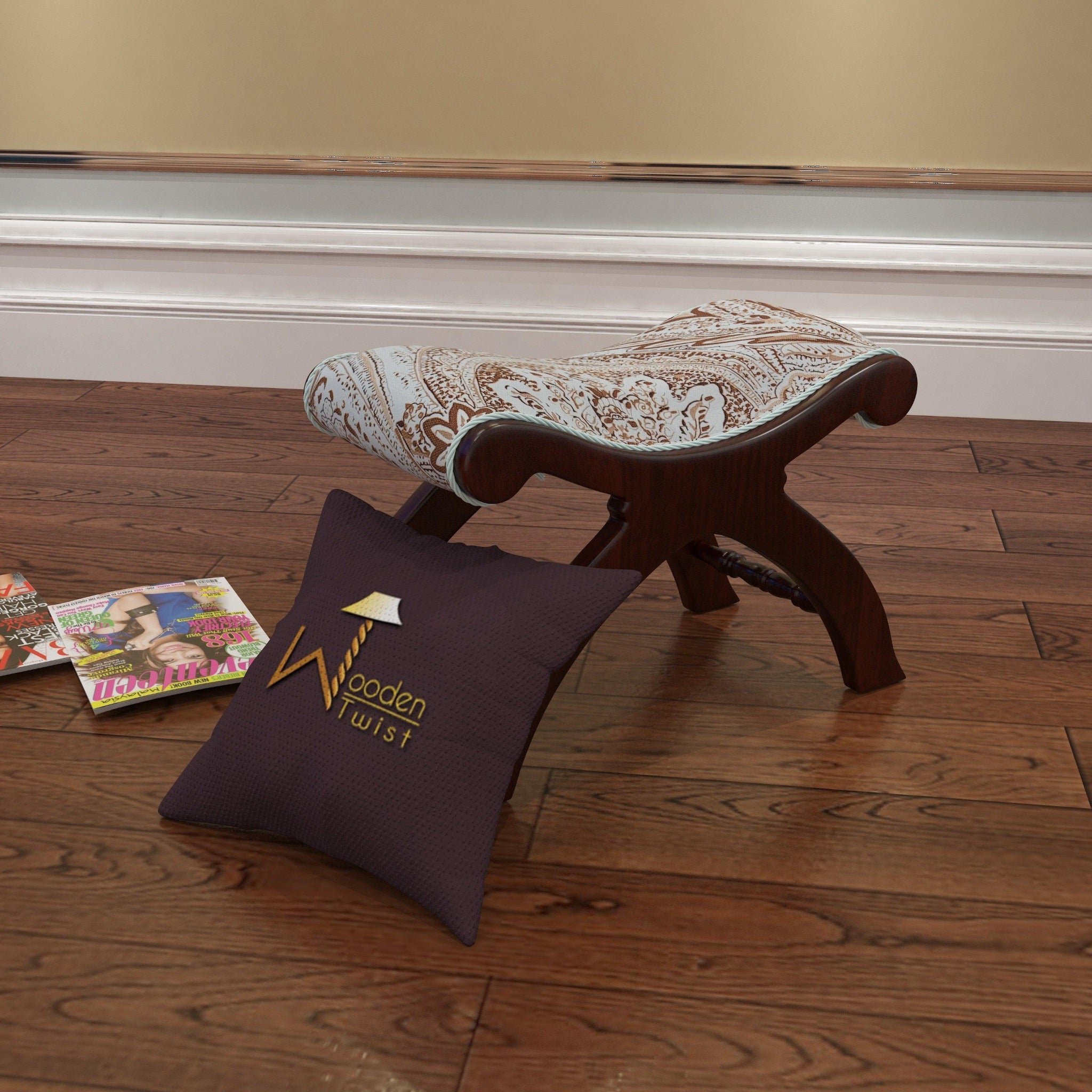 Premium Sheesham Wood Stool/Foot Rest in Fabric - WoodenTwist