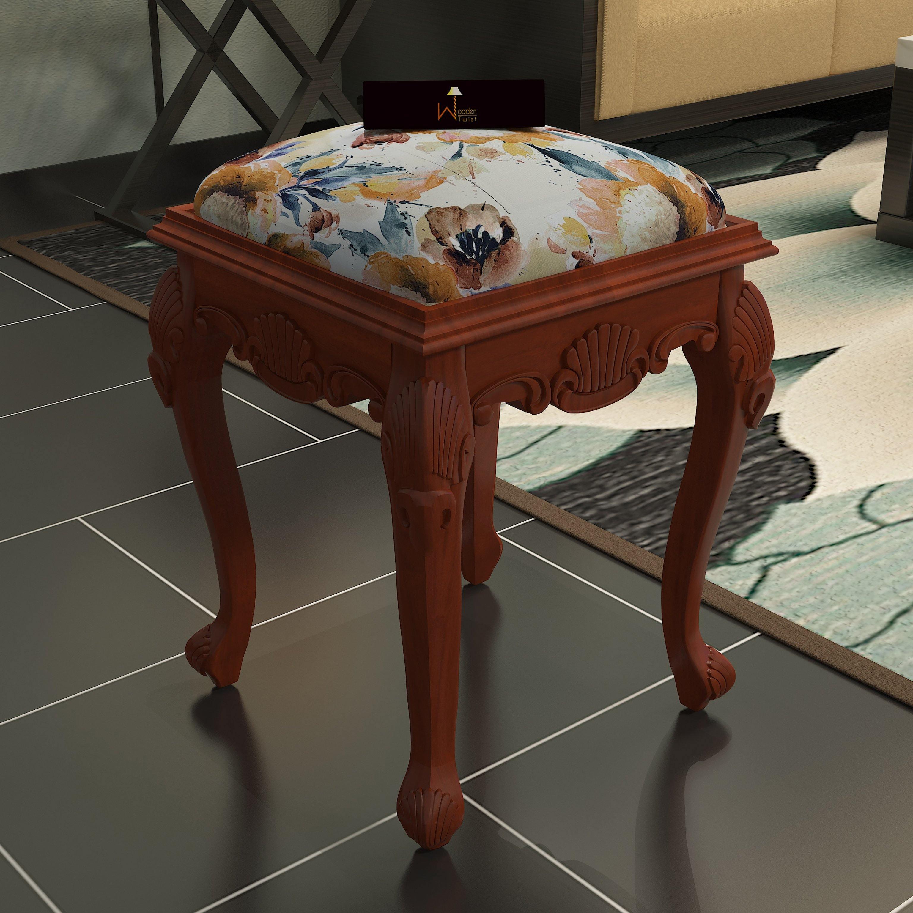 Graceful Hand Carved Teak Wood Stool in Premium Fabric - WoodenTwist