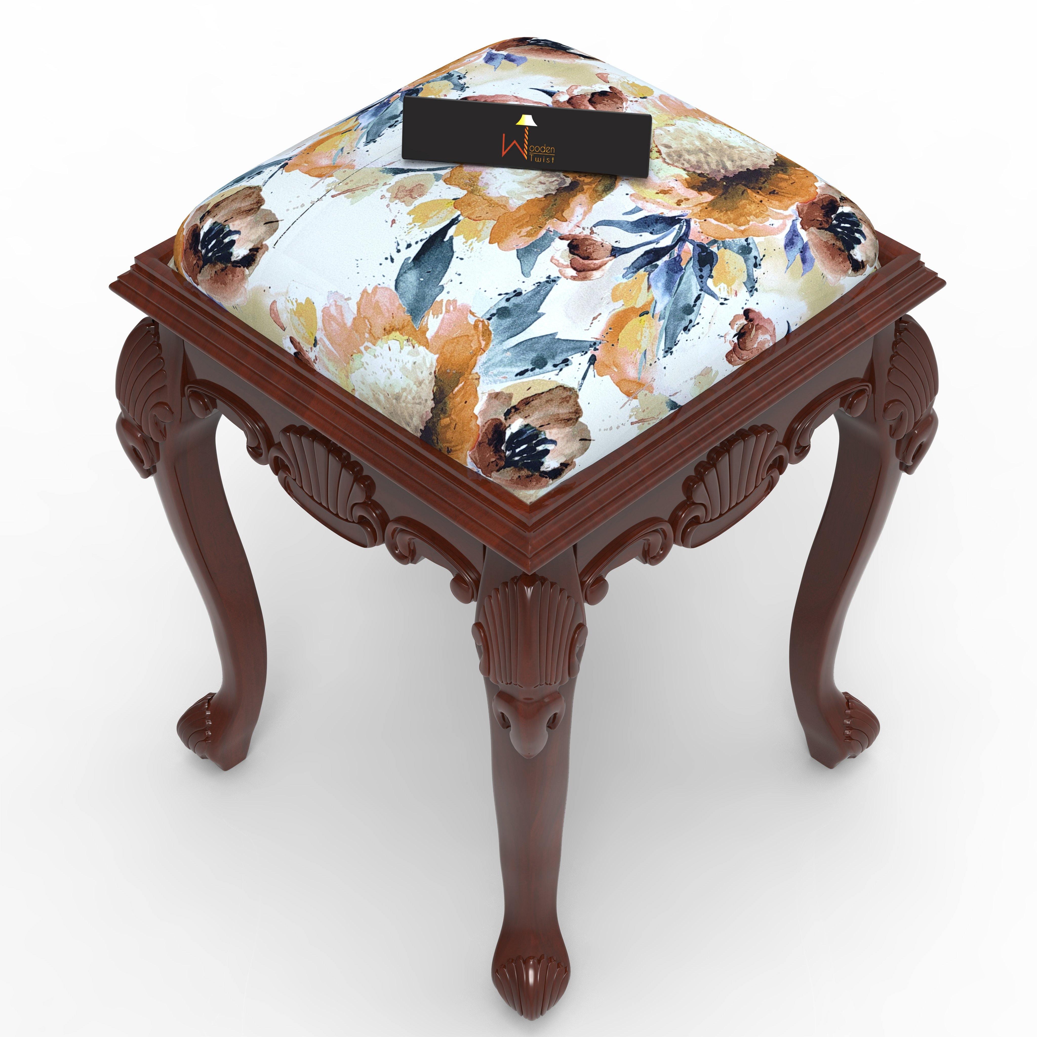 Graceful Hand Carved Teak Wood Stool in Premium Fabric - WoodenTwist